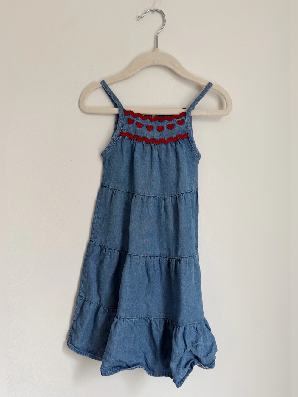btween Baby Denim Tiered Sundress with Red Heart Trim (Size 12m)